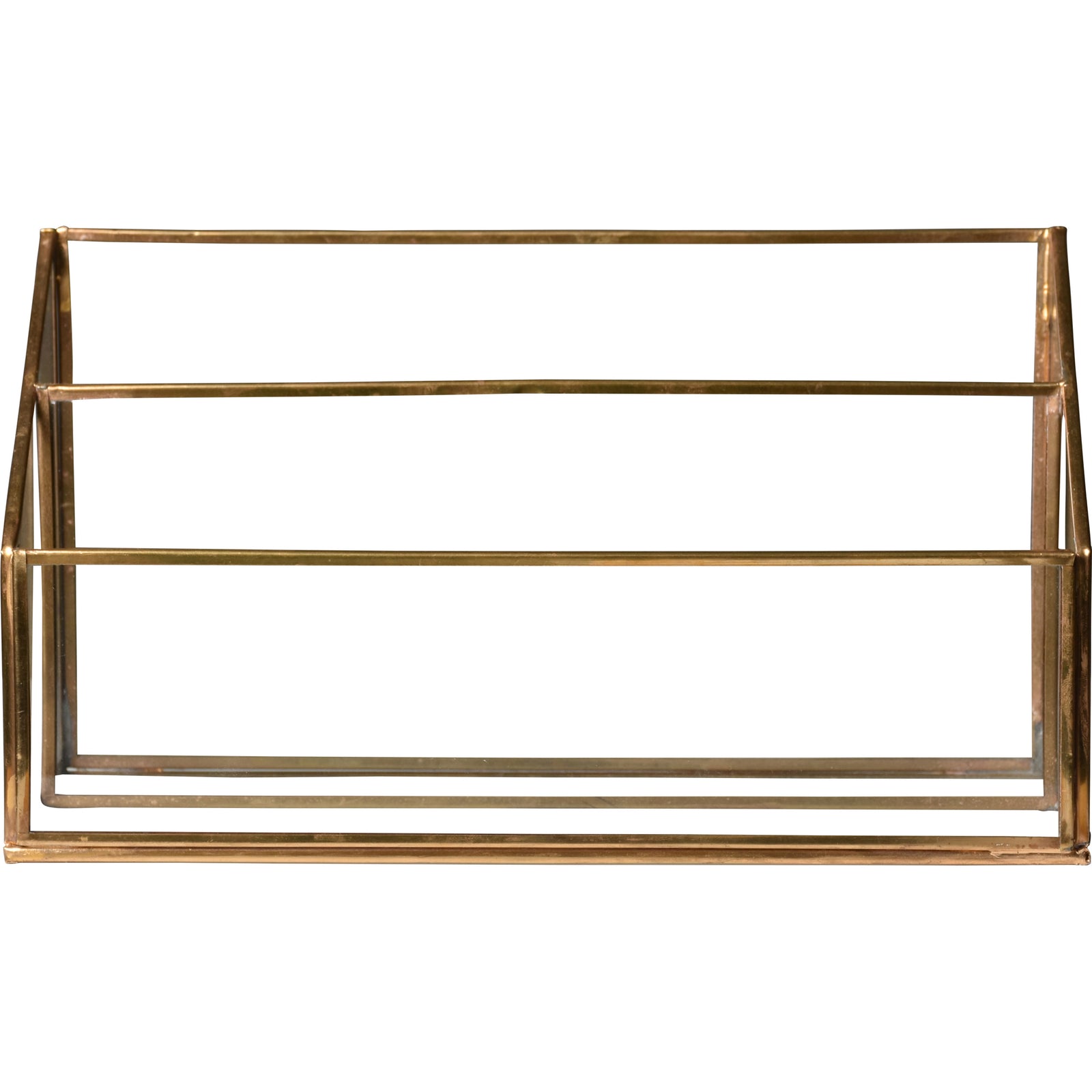 A gold-colored metal letter stand with multiple compartments.