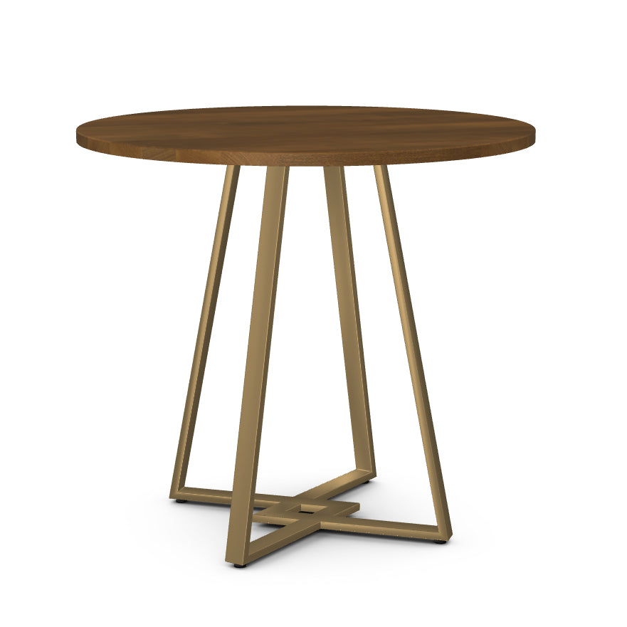 A round brown (wooden) table top with a brass counter height table base.