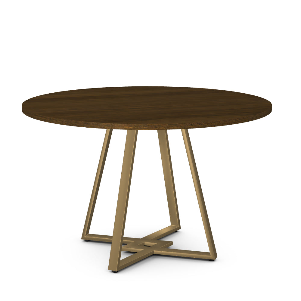 Round walnut finish dining table with brass metal legs