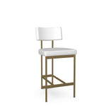 A modern white upholstered counter stool with a metal leg and an open-back design.