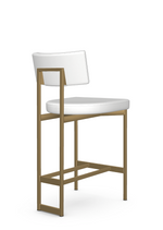 A modern white upholstered counter stool with a metal leg and an open-back design.