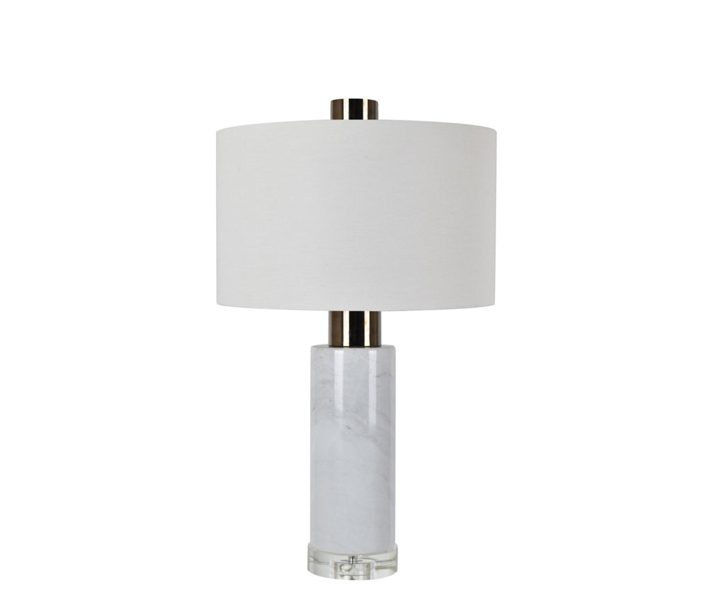 A silver marble lamp with a white marble column base and a chrome iron stem, featuring a brushed canvas shade.