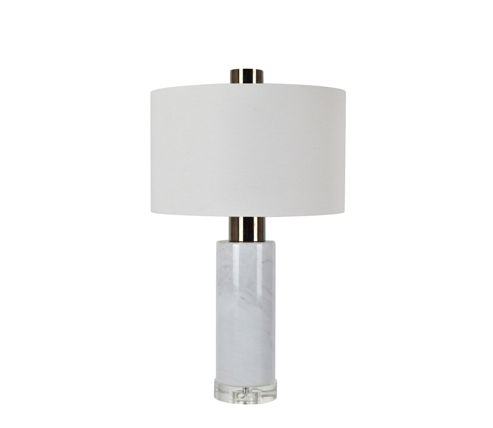 A silver marble lamp with a white marble column base and a chrome iron stem, featuring a brushed canvas shade.