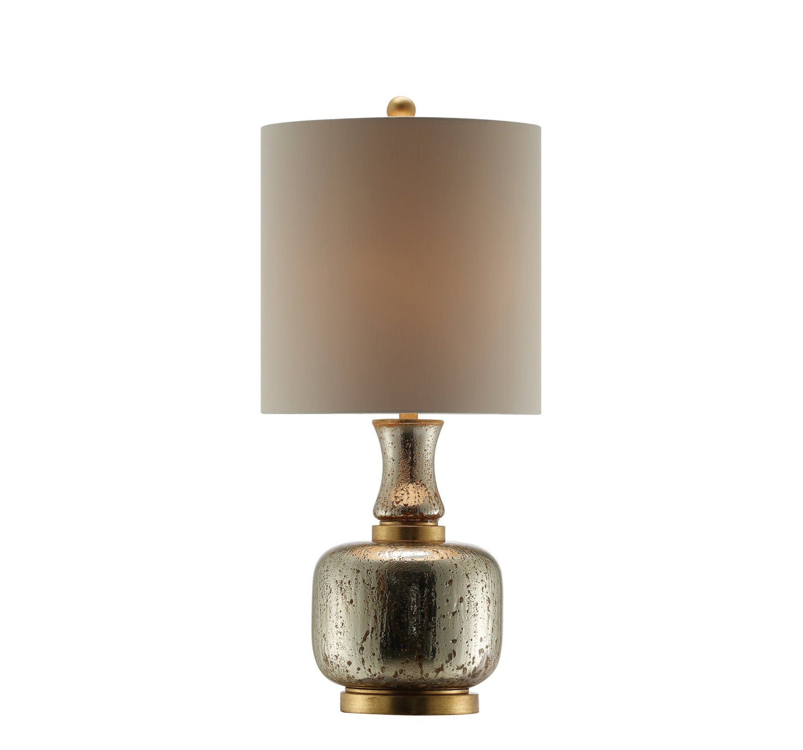 An antique gold table lamp with a matte brass iron stem and a canvas shade, featuring a brushed gold base.