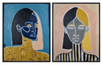 Two canvas wall art paintings side by side, one with a blue background and the other with a pink background, each featuring an abstract portrait in black and white.