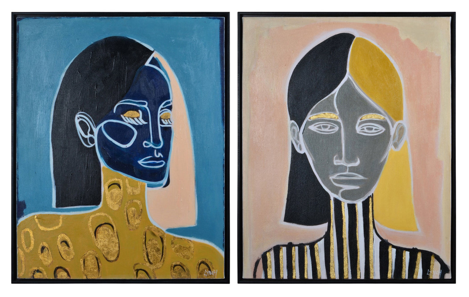 Two canvas wall art paintings side by side, one with a blue background and the other with a pink background, each featuring an abstract portrait in black and white.