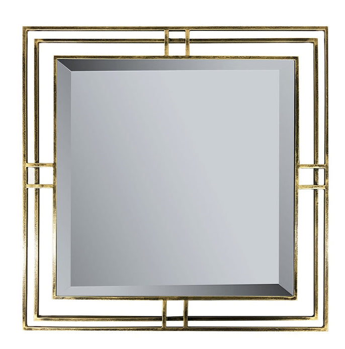 Square mirror with a gold frame on a white background