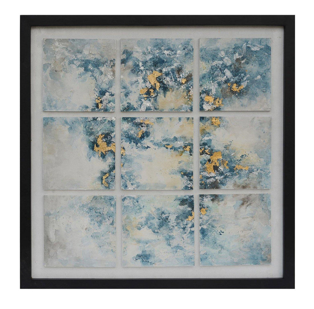 Abstract blue and gold wall art with a solid wood frame in champagne finish, composed of 9 panels.