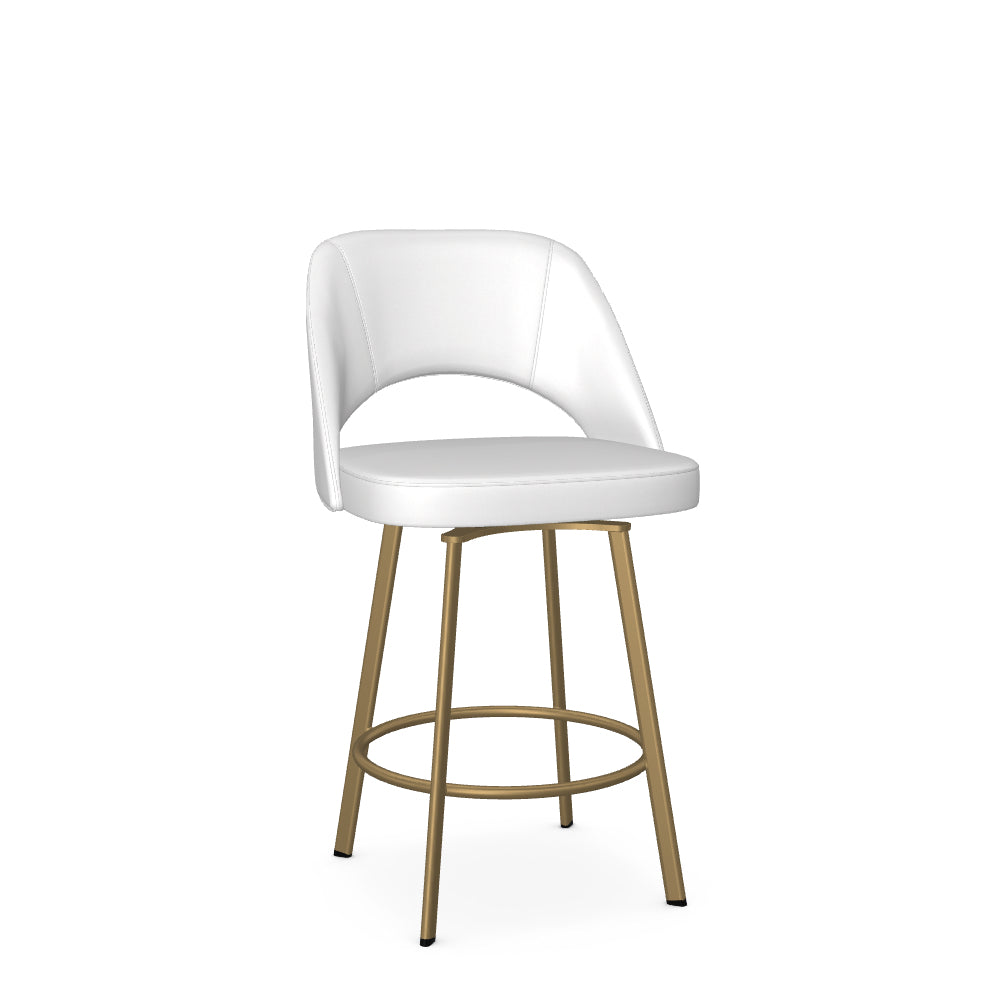 A white counter stool with a gold metal base and a circular seat.