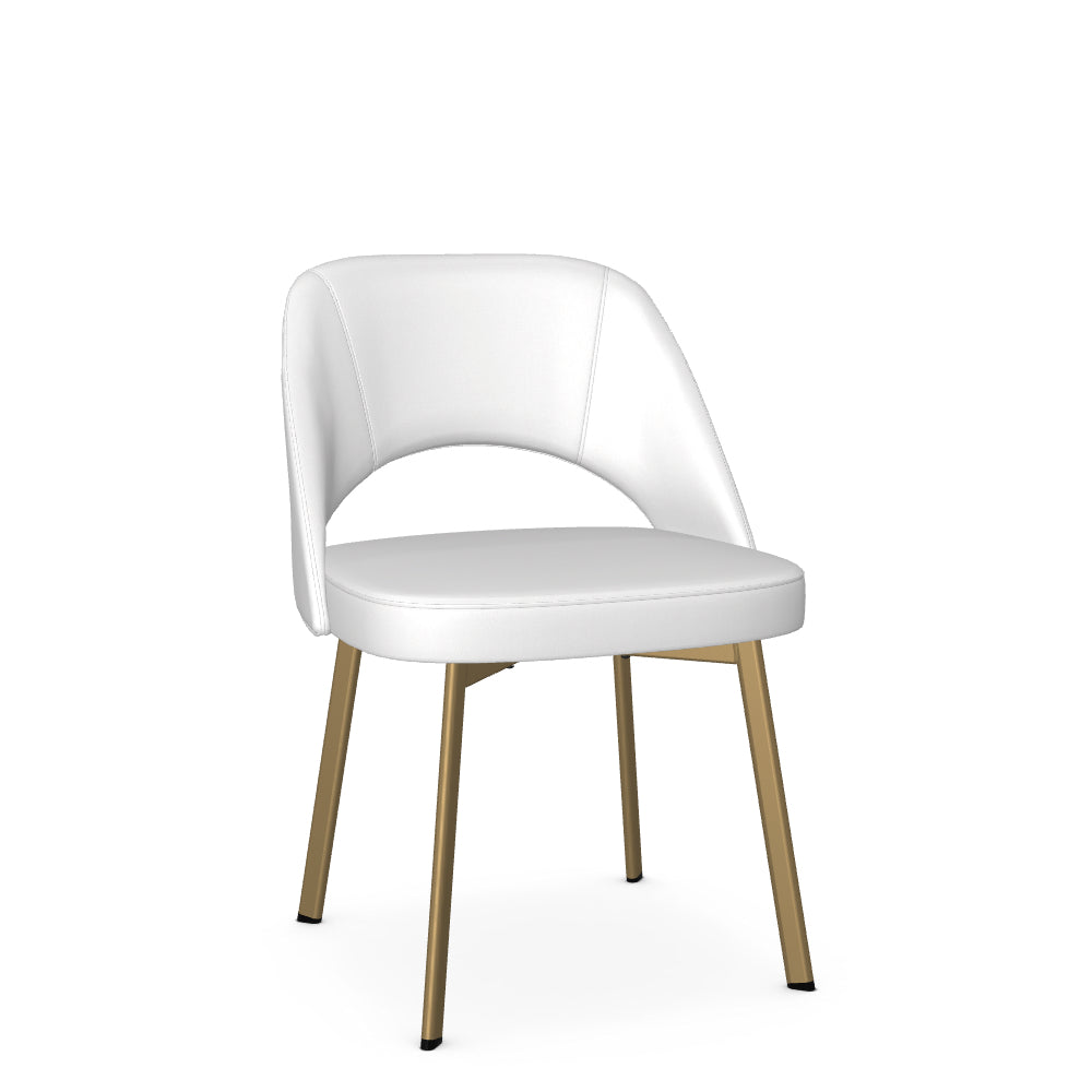A white dining chair with a full backrest and seat, featuring gold-colored metallic legs.