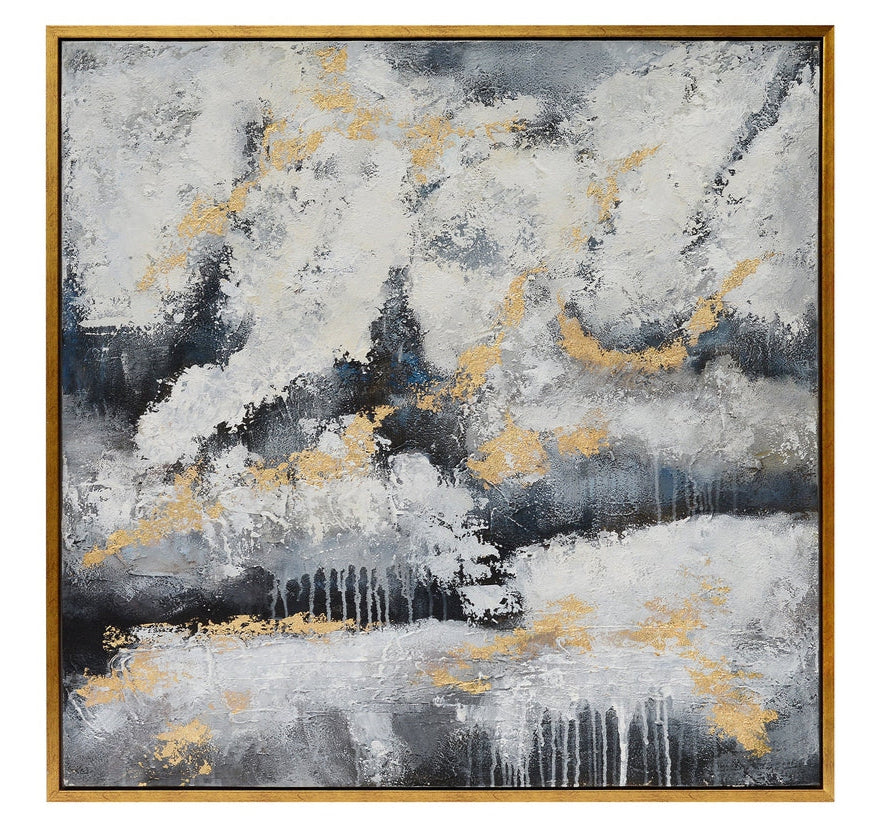 A abstract painting featuring dark gray and black colors with gold accents, presented in a framed canvas.