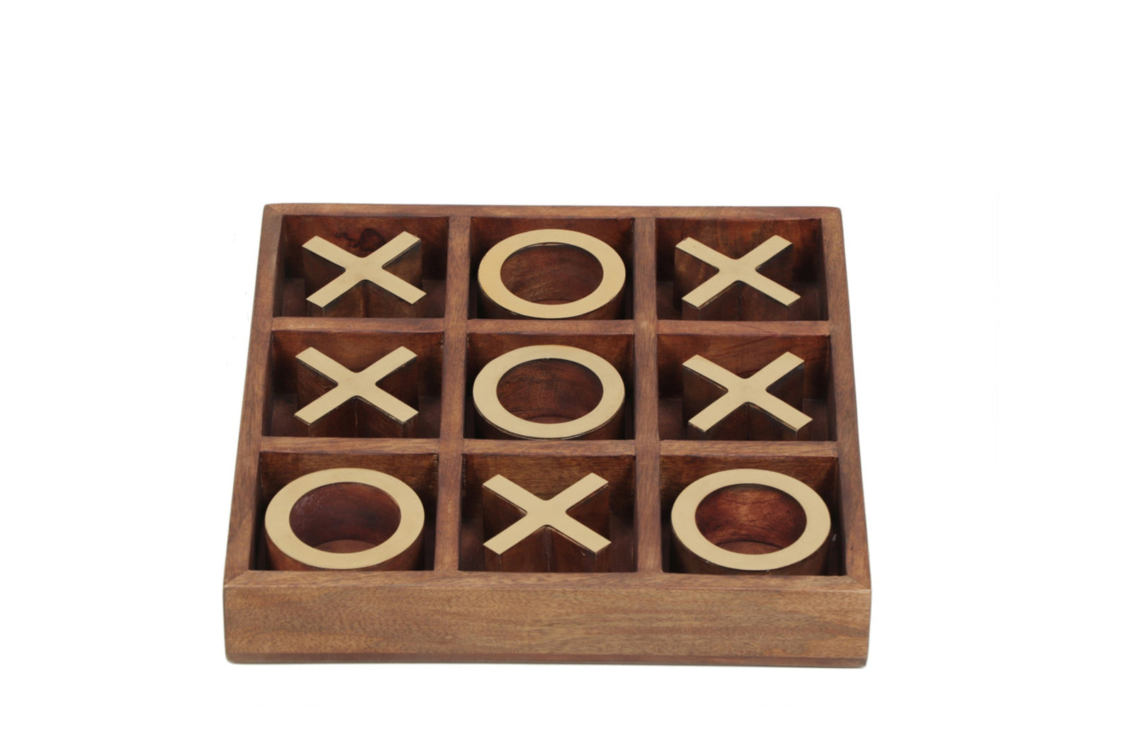Wooden tic-tac-toe game set on a white background