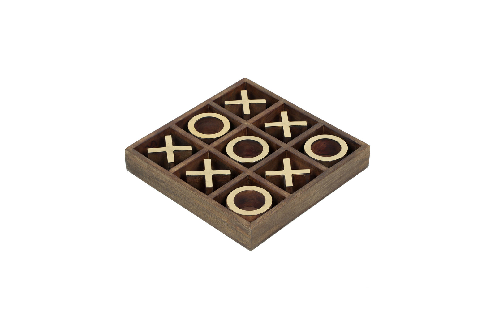 Wooden tic-tac-toe game set on a white background