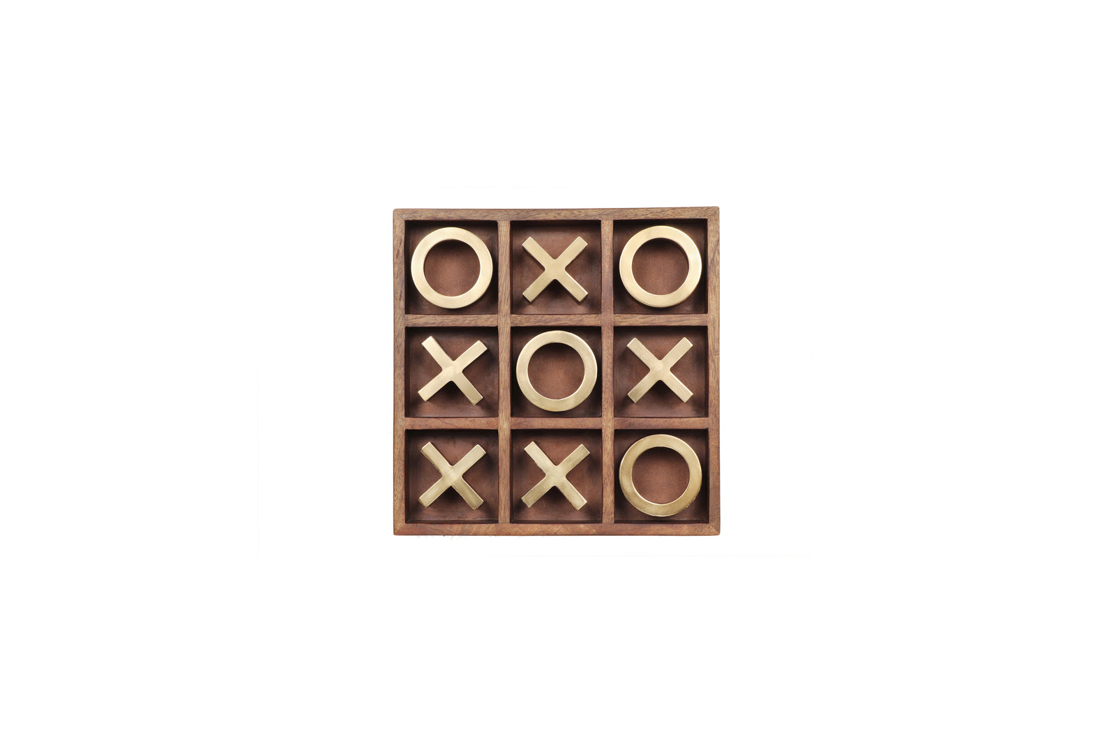 Wooden tic-tac-toe game set on a white background