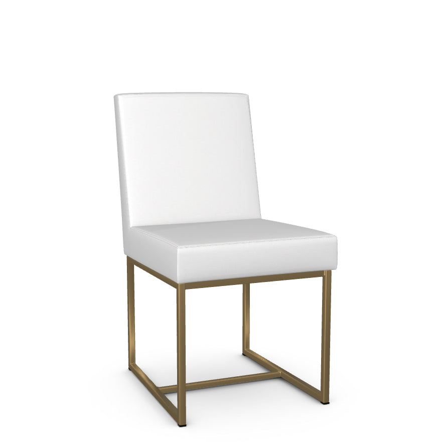 A white dining chair with a gold metal frame and a full backrest.