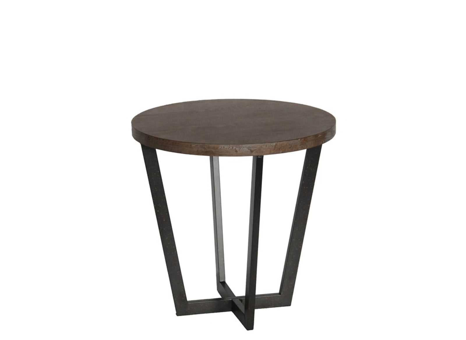 Round side table with wooden top and black metal legs on a white background