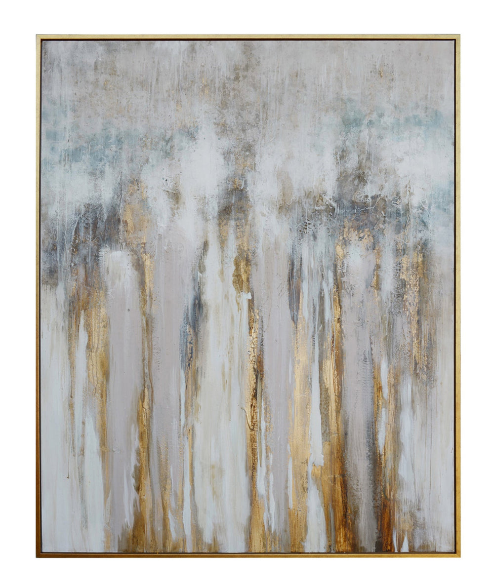 A contemporary abstract painting with a neutral color palette and gold accent strokes, presented in a rectangular frame.