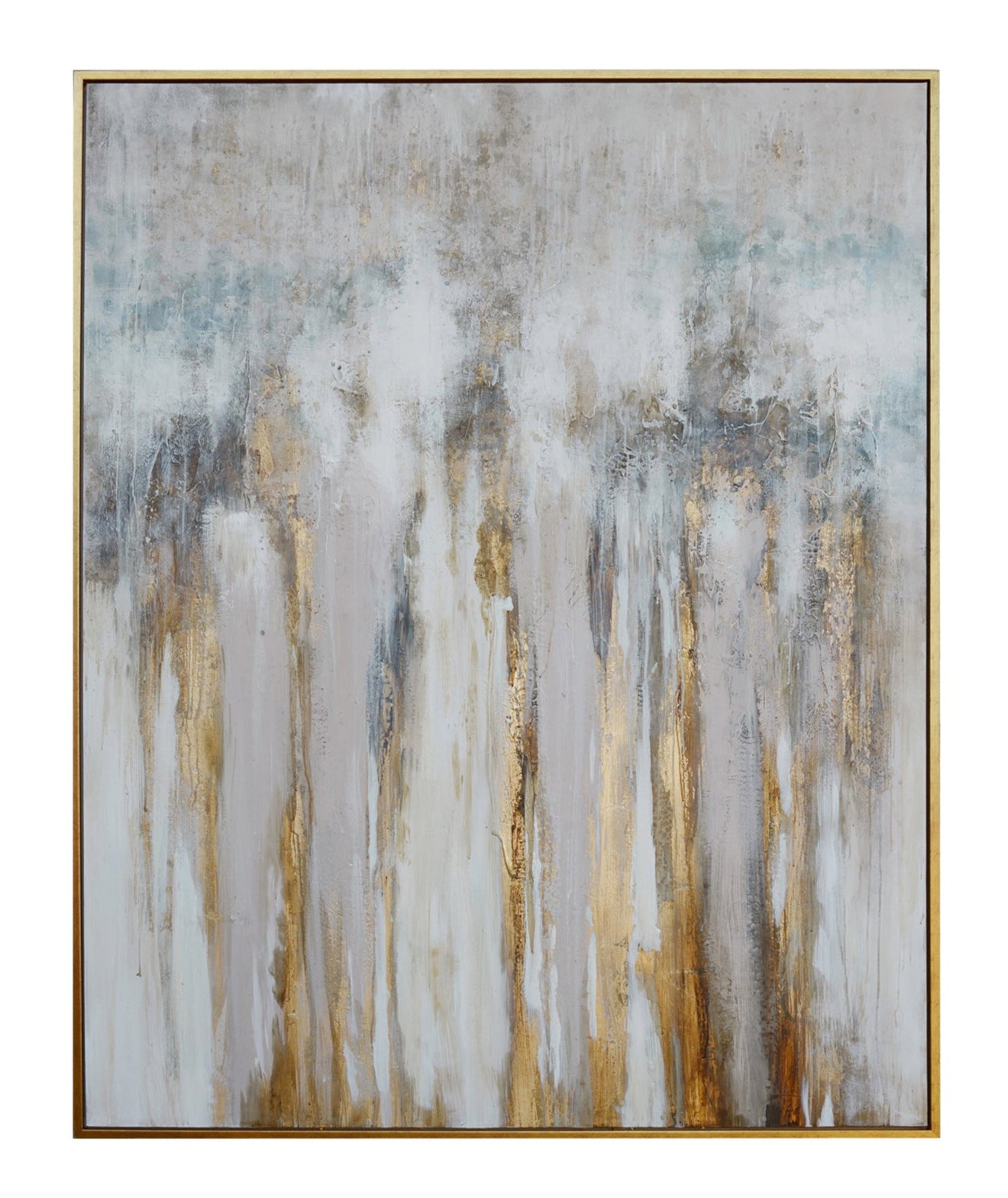 A contemporary abstract painting with a neutral color palette and gold accent strokes, presented in a rectangular frame.