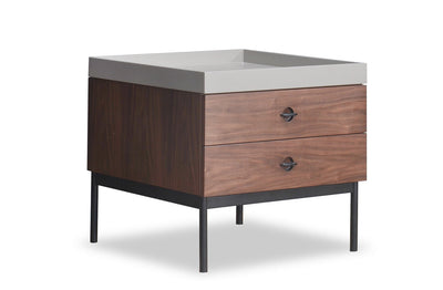 Wooden nightstand with two drawers and a concrete top on a white background