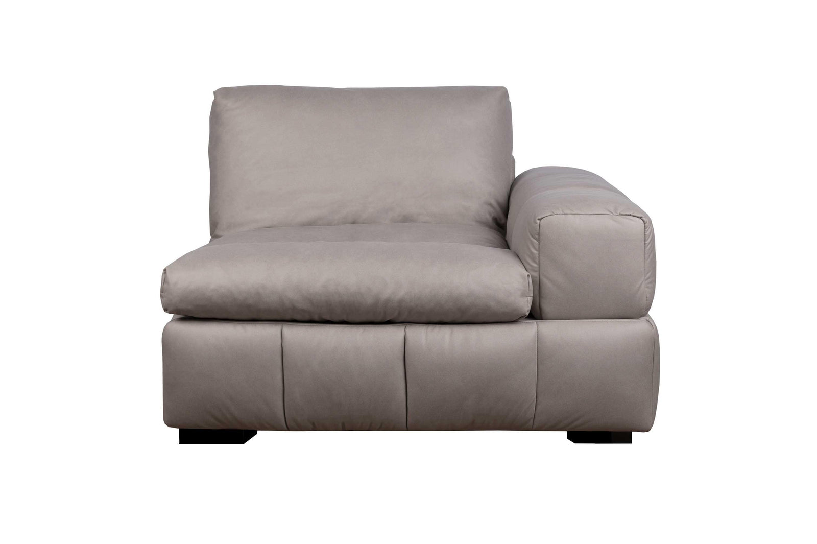 A gray upholstered Vivian left-arm chair with a cubical design, featuring a goose feather and latex foam blend for comfort.