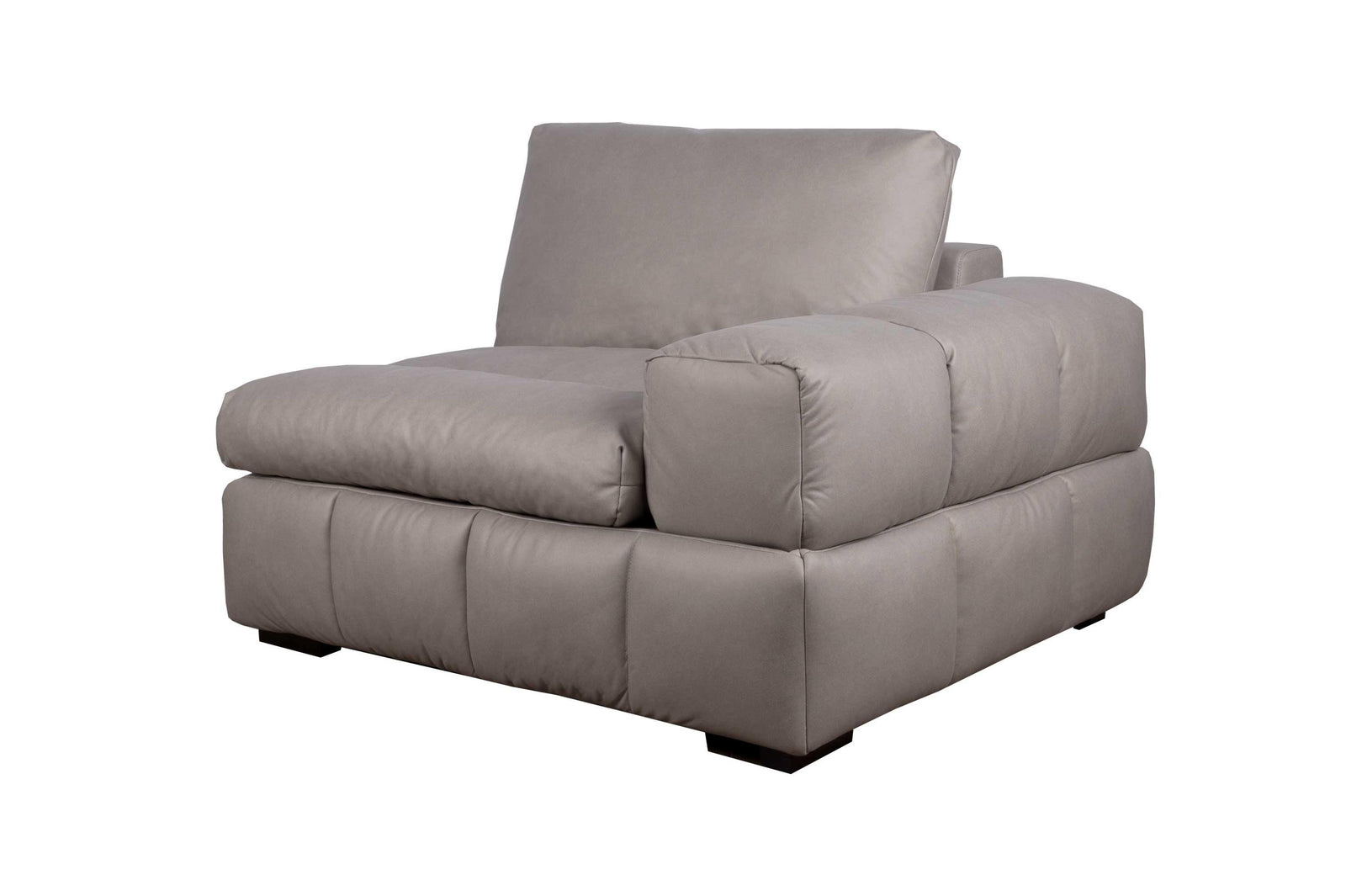 A gray upholstered Vivian left-arm chair with a cubical design, featuring a goose feather and latex foam blend for comfort.