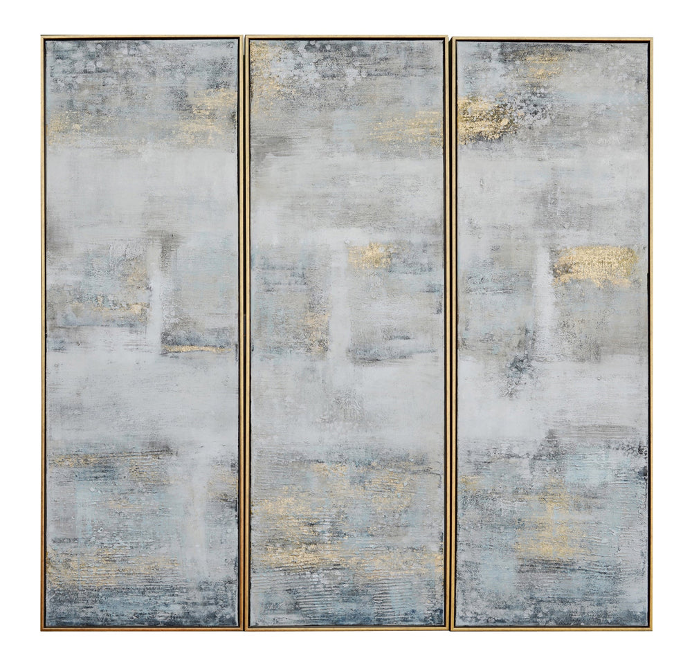 A set of three canvas wall art pieces with an abstract design in blue hues and metallic tones, with an accent gold frame.