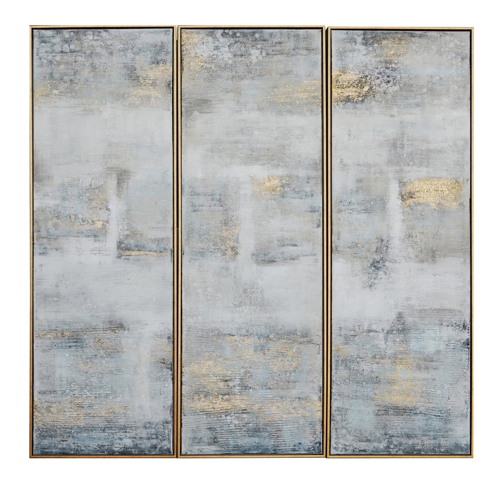 A set of three canvas wall art pieces with an abstract design in blue hues and metallic tones, with an accent gold frame.