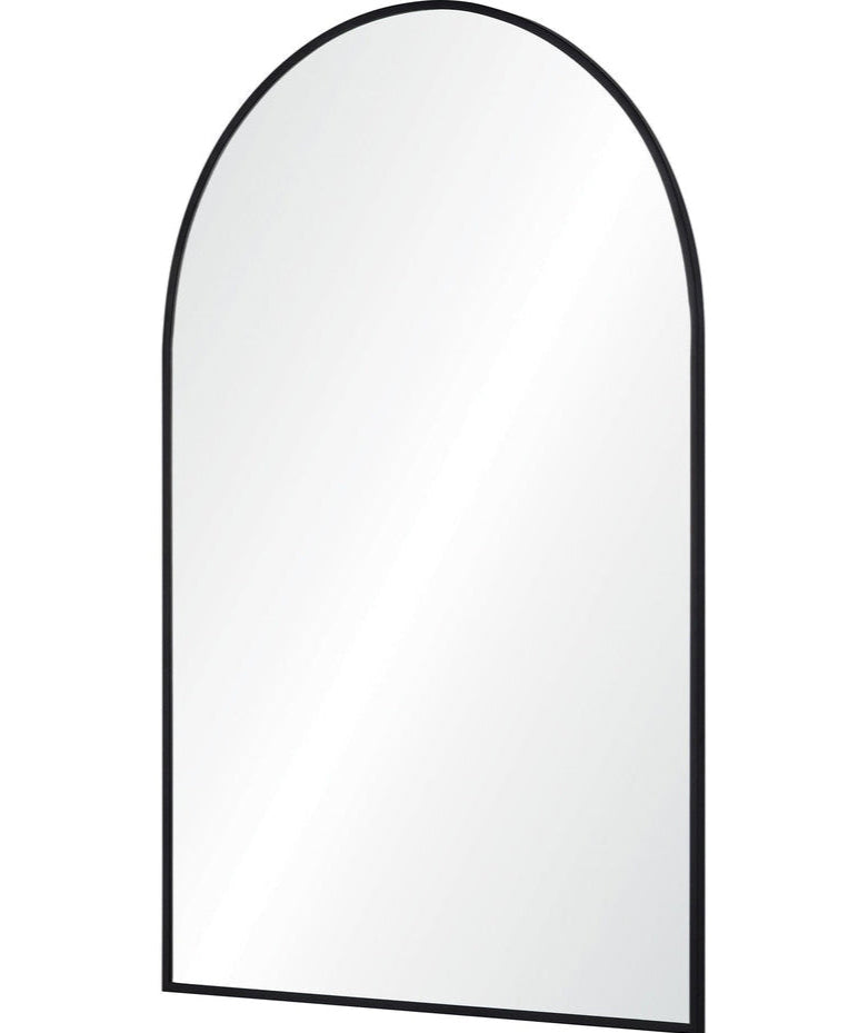 Arched mirror with a black frame on a white background