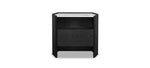 A black nightstand with a simple, contemporary design featuring an open base structure.