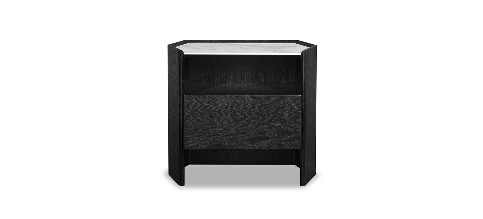 A black nightstand with a simple, contemporary design featuring an open base structure.