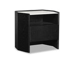 Black nightstand with a white top on a white background