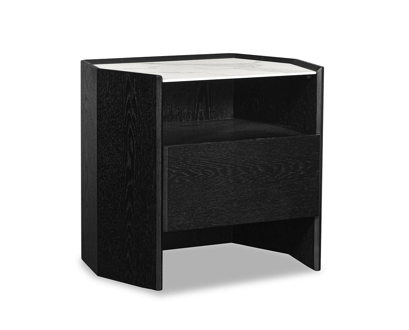 Black nightstand with a white top on a white background