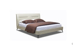 A queen-sized beige leather bed frame with a headboard, bed frame, and bed slat. The bed is set against a white background and is shown with a brown bedsheet and pillows.