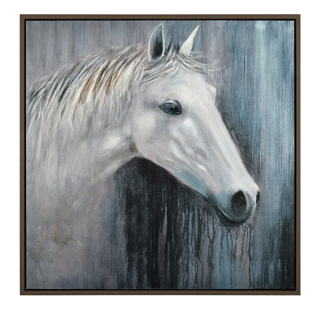 A framed painting of a white horse with a gray background, predominantly featuring the horse's profile.