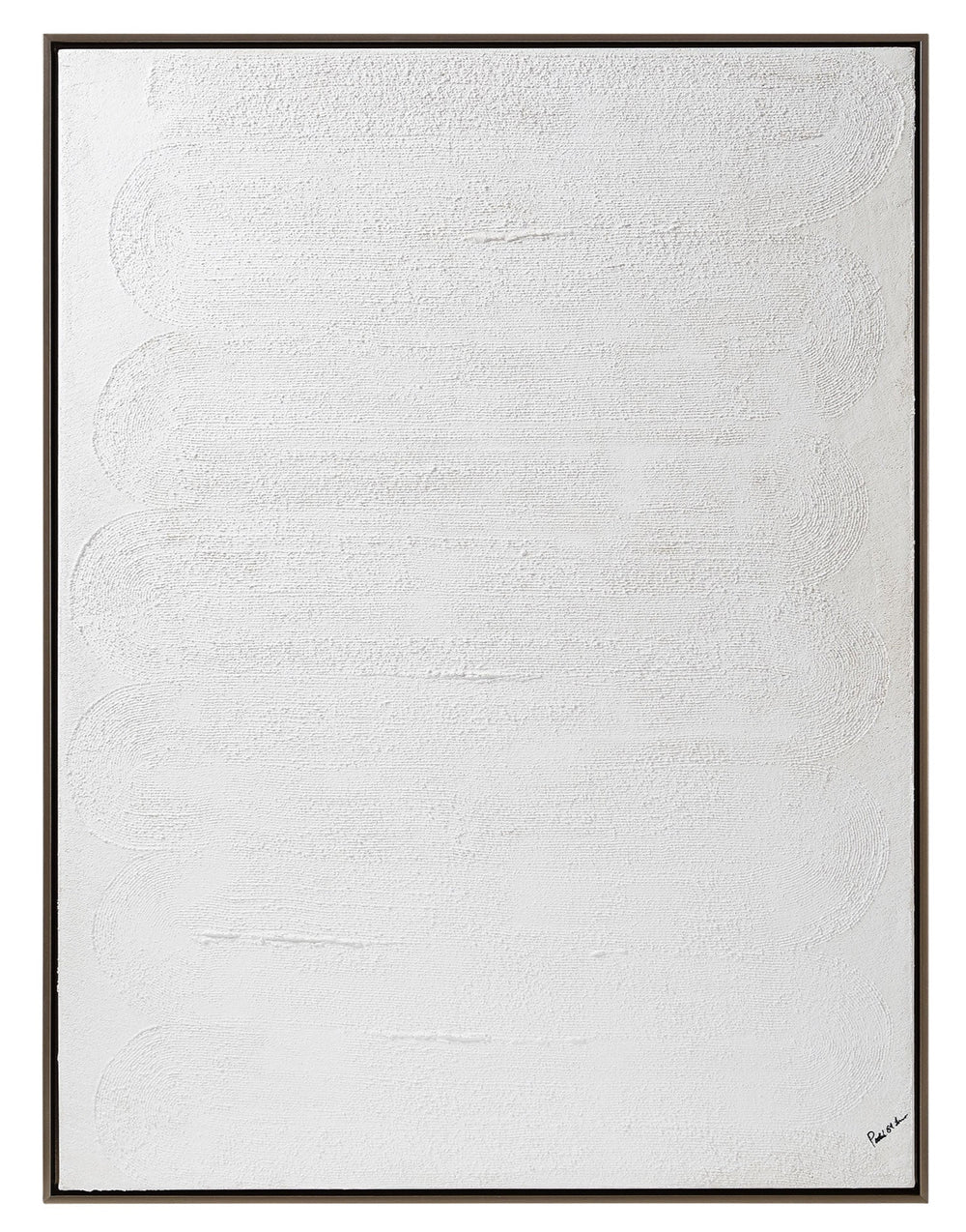 A minimalistic textured canvas painting in a black frame, predominantly white color
