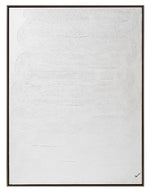 A minimalistic textured canvas painting in a black frame, predominantly white color