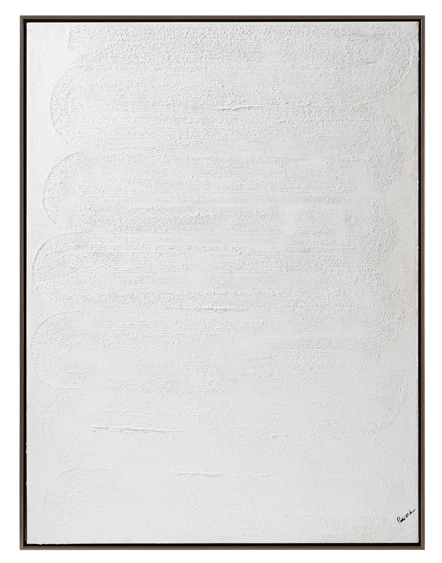 A minimalistic textured canvas painting in a black frame, predominantly white color