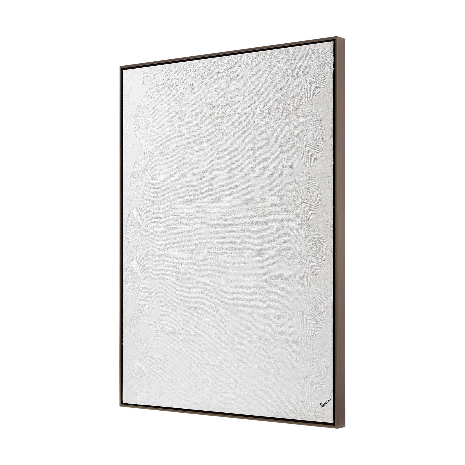 A minimalistic textured canvas painting in a black frame, predominantly white color