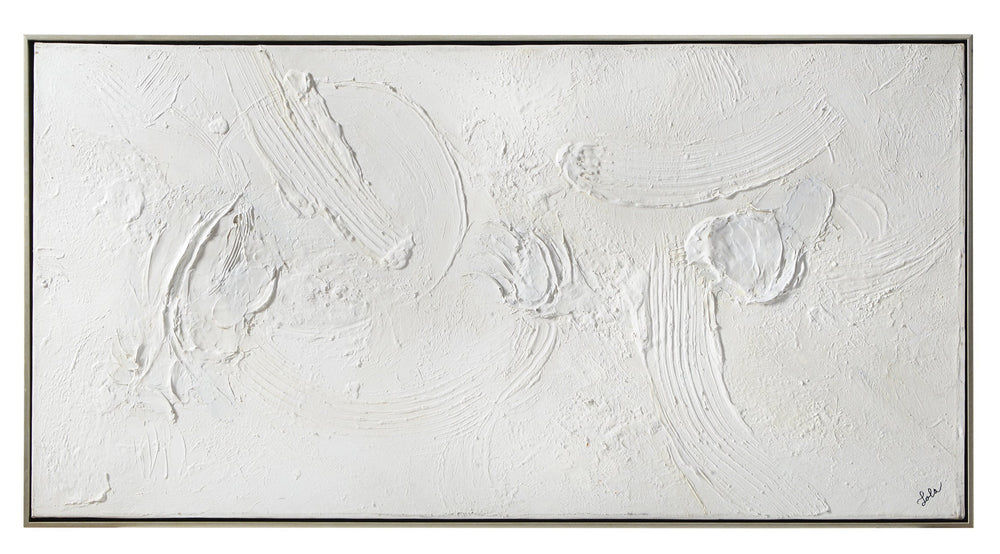 A minimalistic textured canvas painting in gray and white tones with an abstract design.