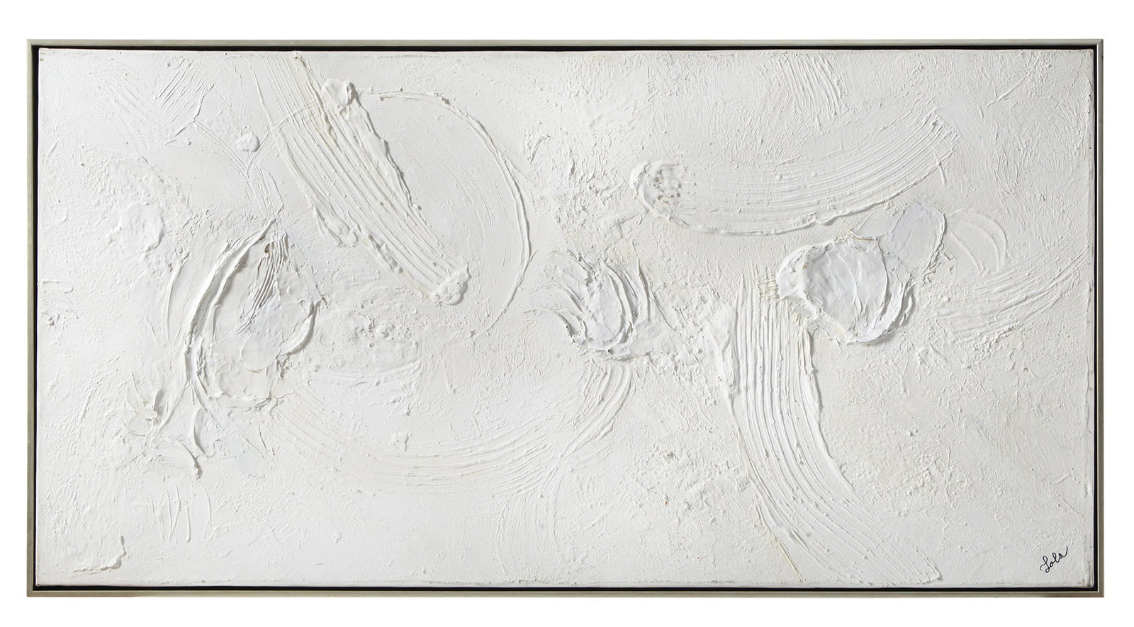 A minimalistic textured canvas painting in gray and white tones with an abstract design.