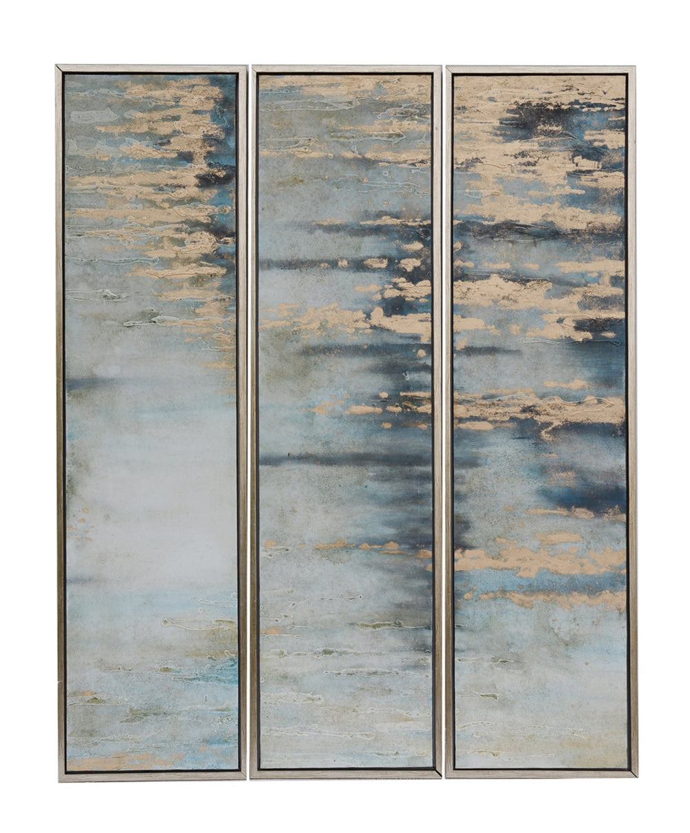 A set of three vertical abstract paintings with gold and navy accents displayed side by side.