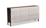 Modern sideboard with wooden top and white panels on a white background