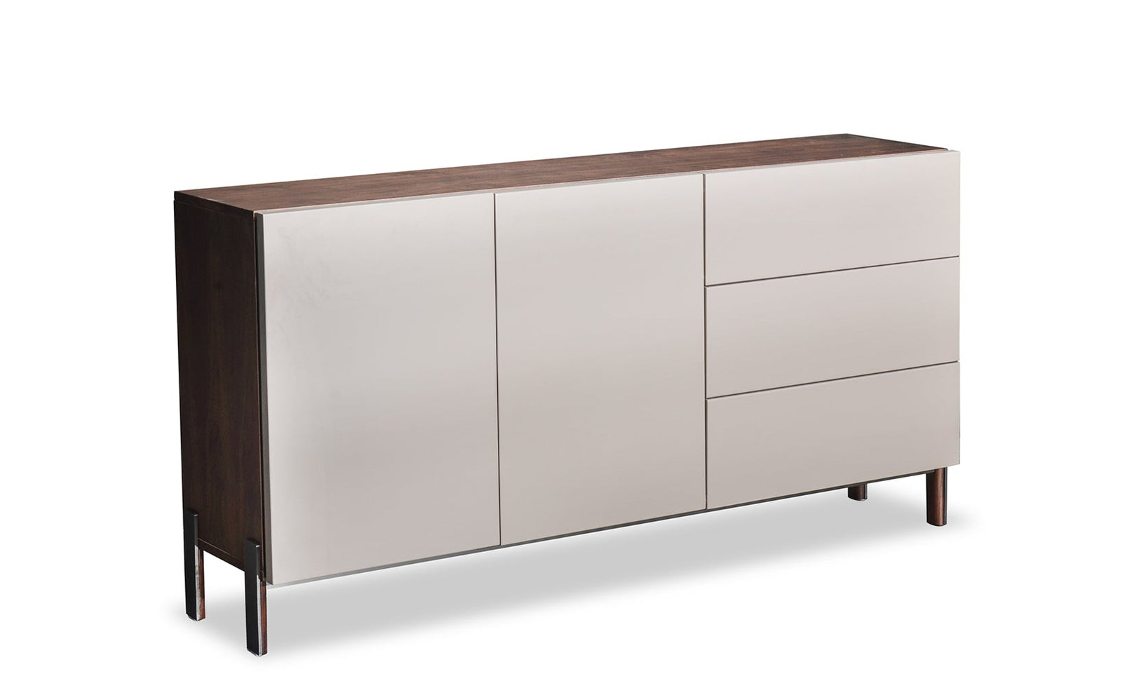 Modern sideboard with wooden top and white panels on a white background