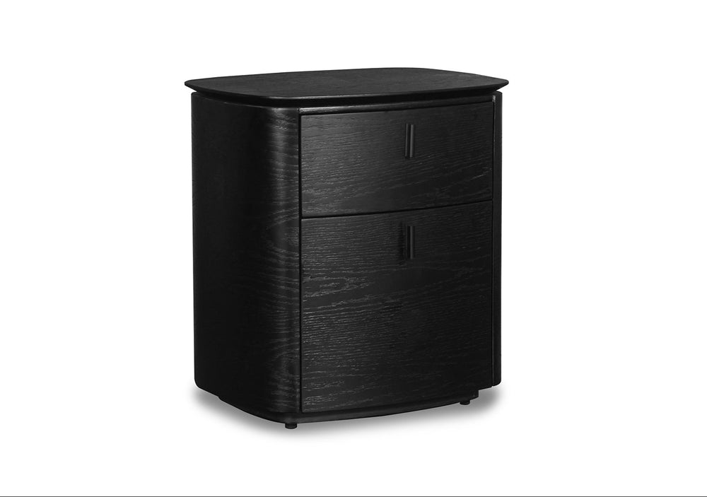 Black two-drawer nightstand on a white background