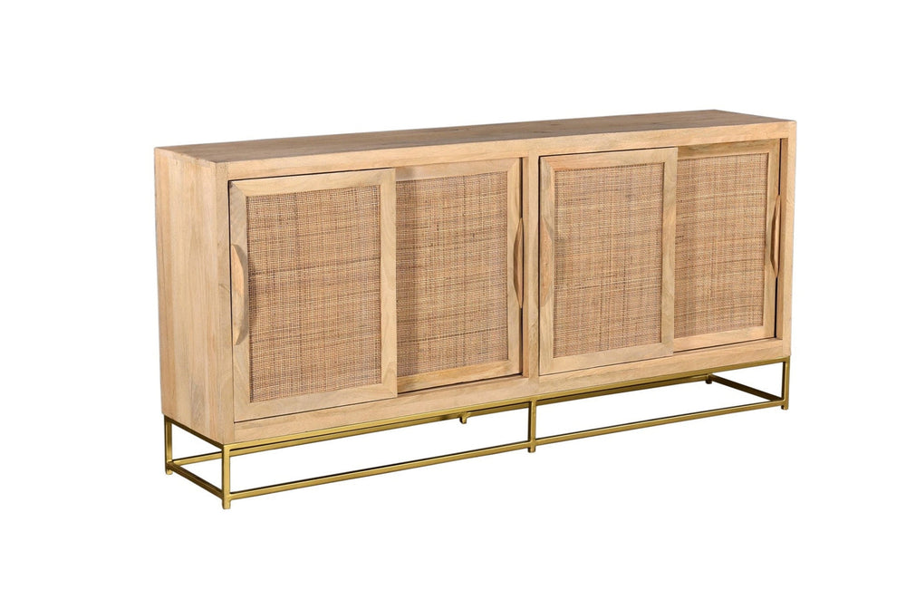 A wooden sideboard with four cabinet doors and gold-colored metal legs, offering a storage space with a mix of light and dark wood tones.