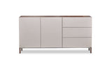 Modern sideboard with wooden top and light gray doors and drawers on a white background