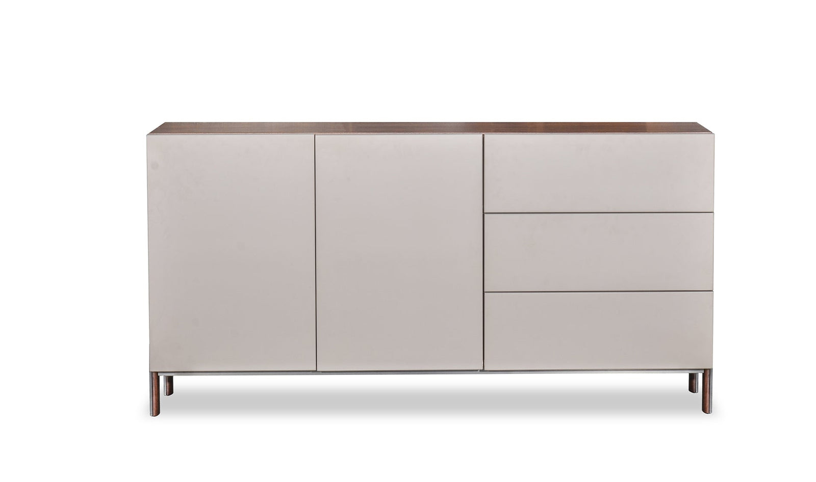 Modern sideboard with wooden top and light gray doors and drawers on a white background