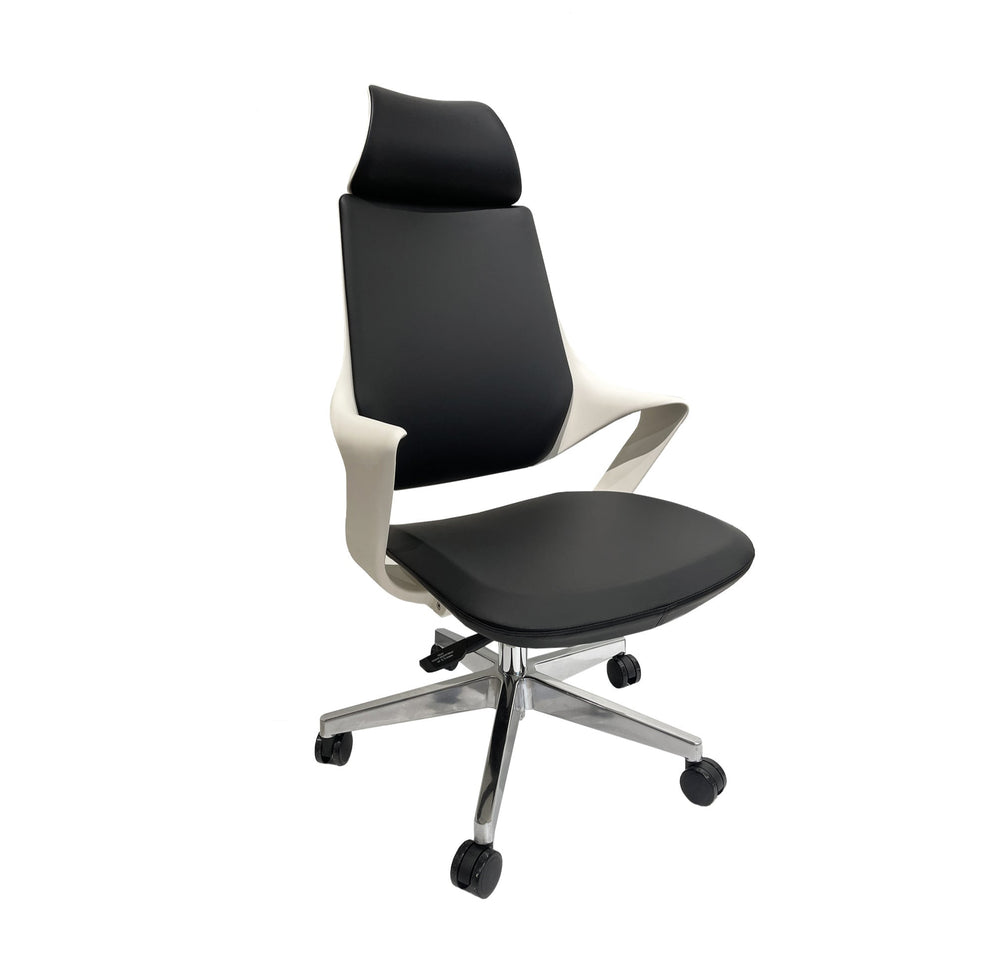 A modern office chair with a black upholstered backrest and seat, featuring an adjustable height mechanism, armrests, and a five-star base with casters.
