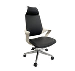 A modern office chair with a black upholstered backrest and seat, featuring an adjustable height mechanism, armrests, and a five-star base with casters.