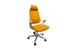 A modern office chair with a orange upholstered backrest and seat, featuring an adjustable height mechanism, armrests, and a five-star base with casters.
